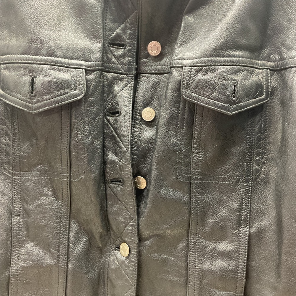 Jones Jeans Black Leather Trucker Jacket Womens Large Button Front Collared L - Picture 3 of 6